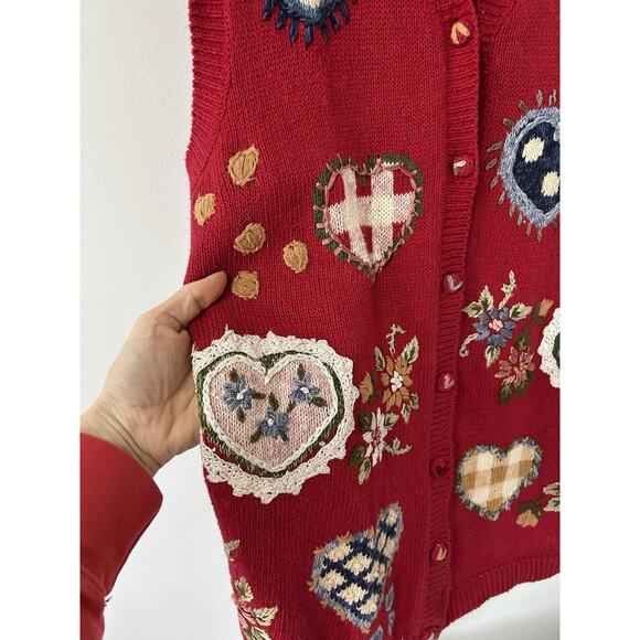 Heirloom Collectibles Valentine's Heart Embroidered Knit Sweater Vest Red 1X - Picture 2 of 8